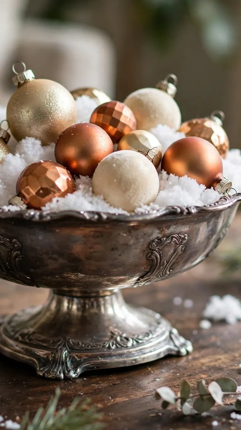 Wide silver bowl filled with champagne, copper, and cream vintage-style ornaments on a bed of faux snow.