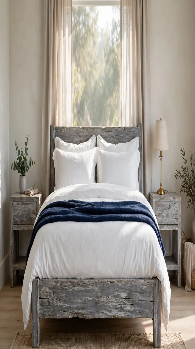 Bedroom with a weathered gray driftwood-toned wood bed frame, white bedding, and a navy throw blanket.