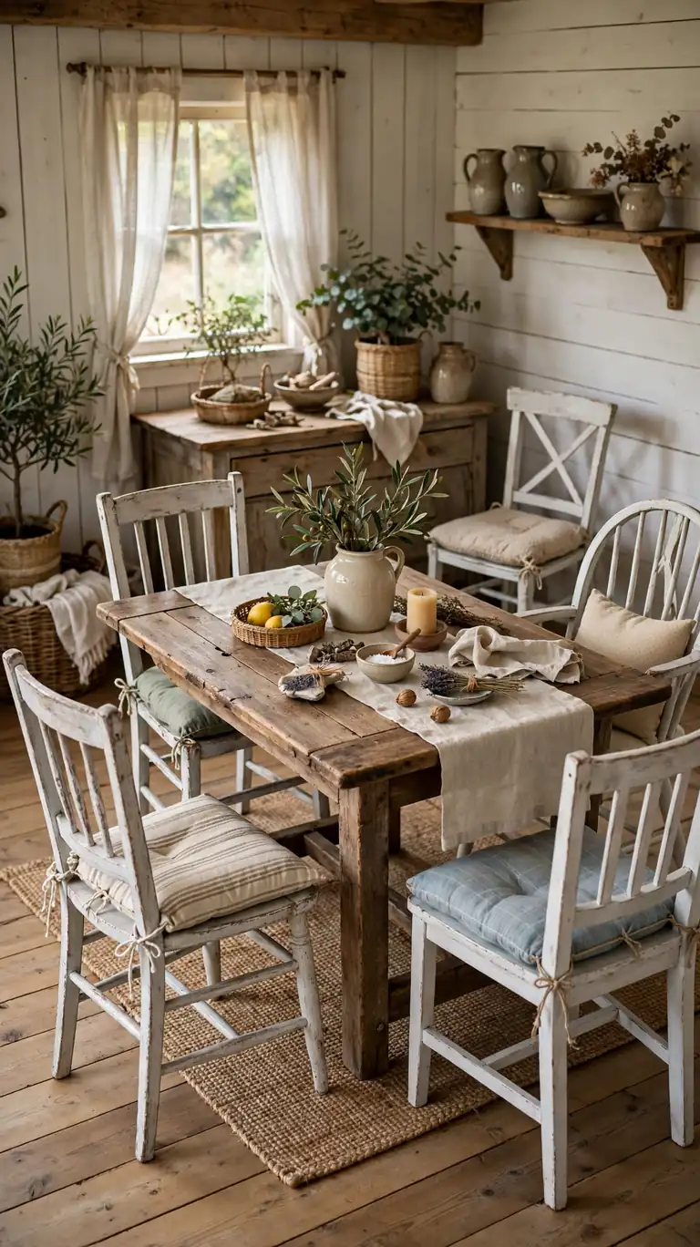 Mismatched whitewashed dining chairs with tied seat cushions gathered around a wooden farmhouse table.