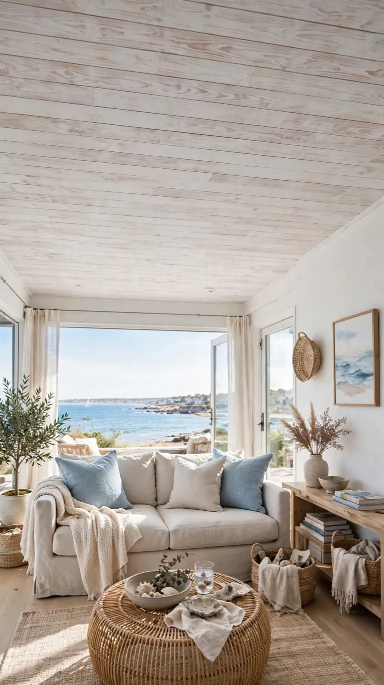 Coastal living room with a whitewashed plywood plank ceiling showing soft grain through the wash.