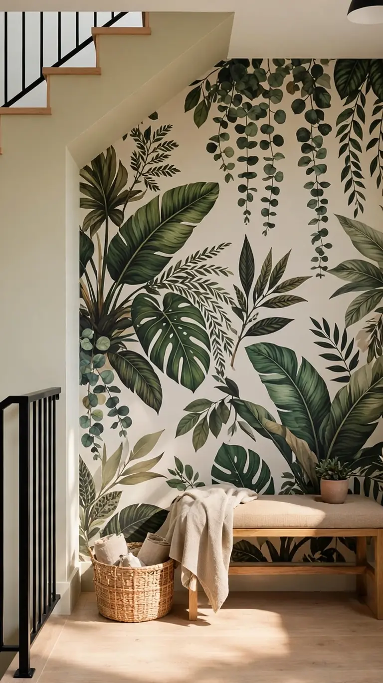 Bold botanical peel-and-stick wallpaper accent wall in large green foliage prints with a small wooden bench, woven basket, and potted plant beneath.