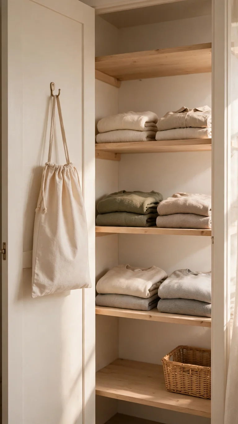 Donation bag hanging in a tidy closet for the one in, one out rule.