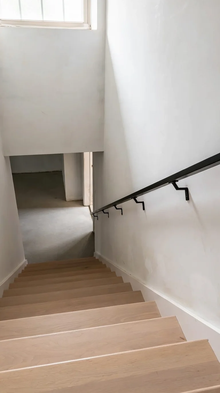 Matte black metal handrail mounted on a white stairwell wall above wooden stairs.