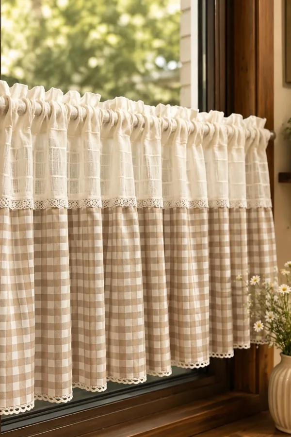 Beige Gingham Check Curtains for Classic Farmhouse Charm