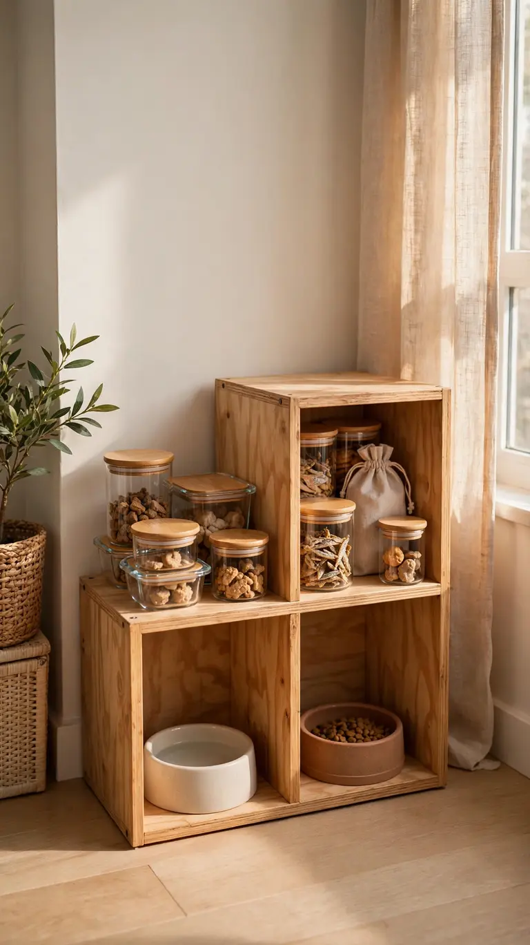 16 Clever Cat Food Station Ideas to Keep Your Home Organized 5 A small cube bookshelf with cat bowls on the bottom shelf and sealed food containers and treats organized on the upper shelves.