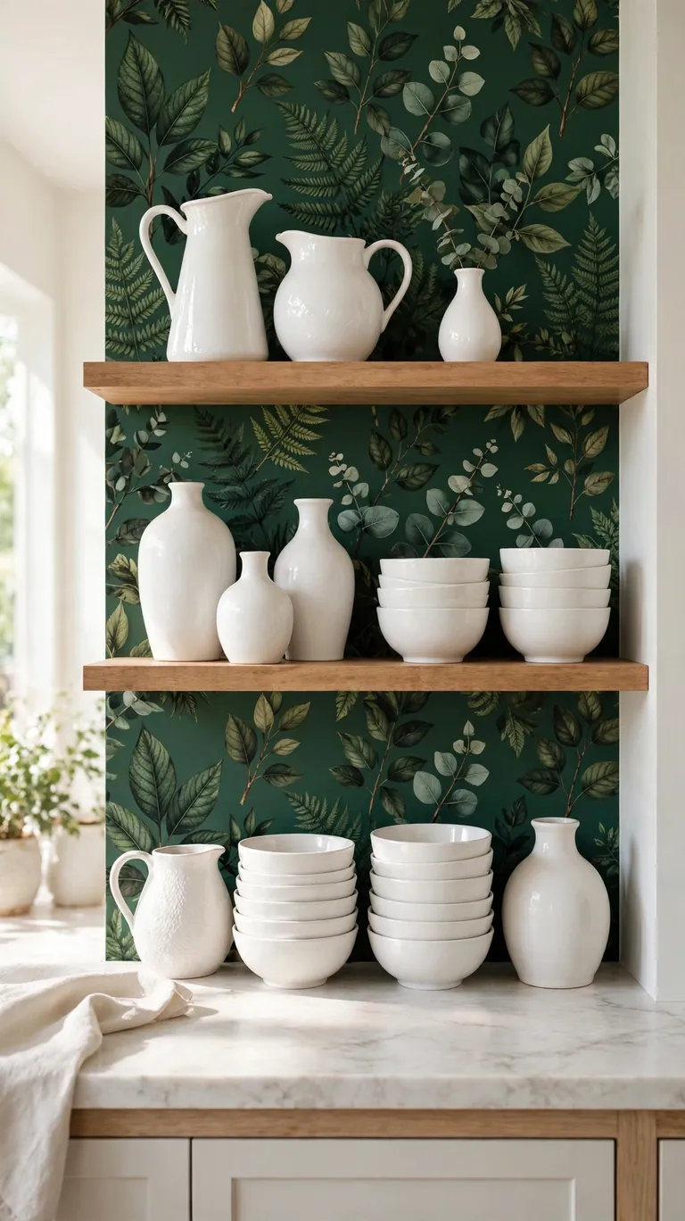 Botanical Print Behind White Ceramics