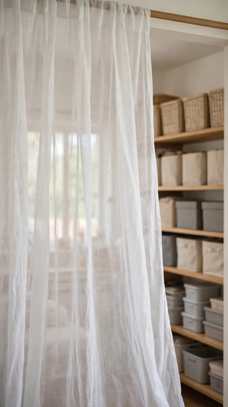 22 Creative Closet Curtain Ideas for a Stylish, Space-Saving Upgrade 5 Sheer white curtain panel softening the view of neatly organized storage bins on closet shelves.
