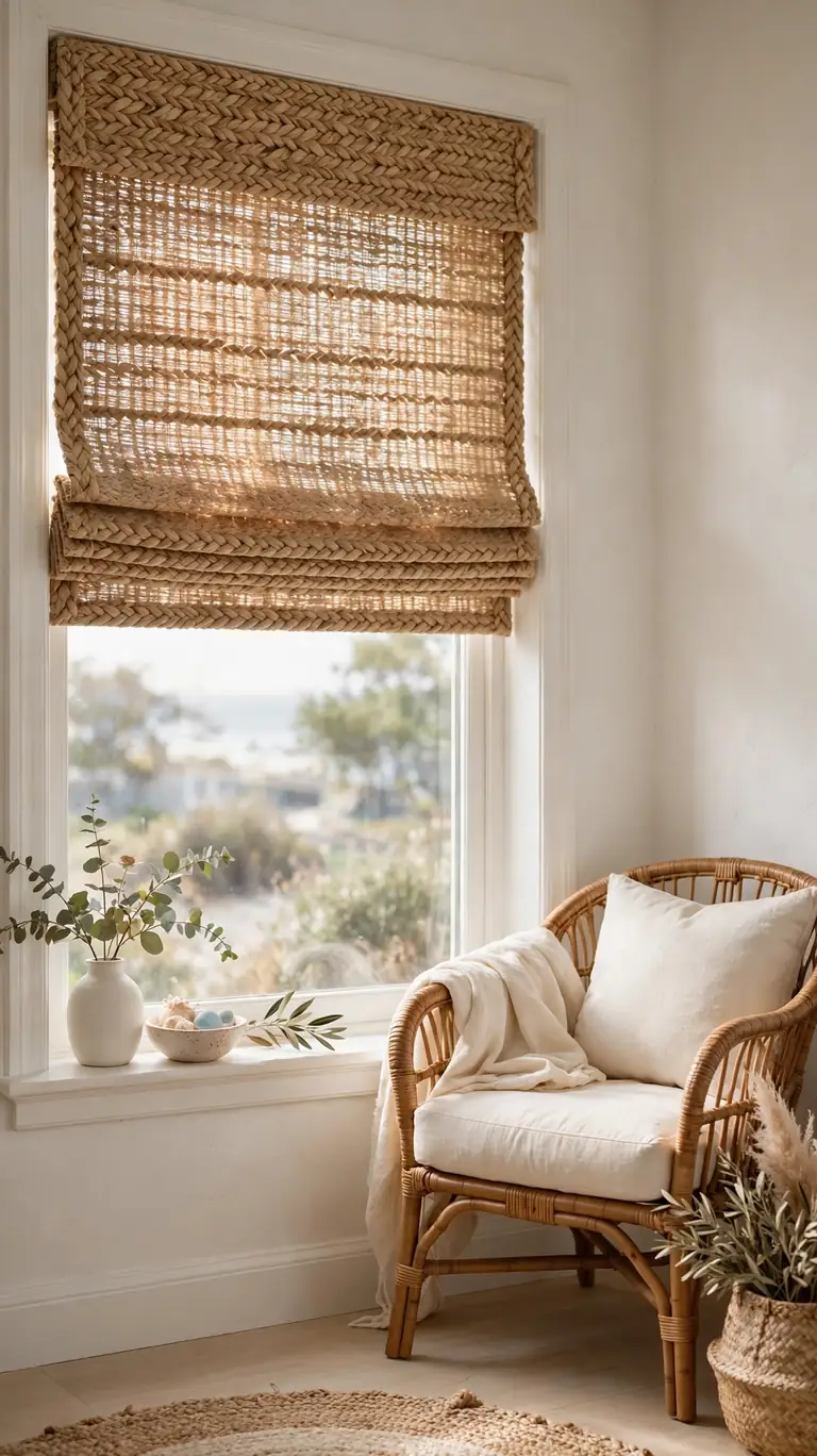 Chunky woven seagrass shades on a living room window with soft filtered daylight.