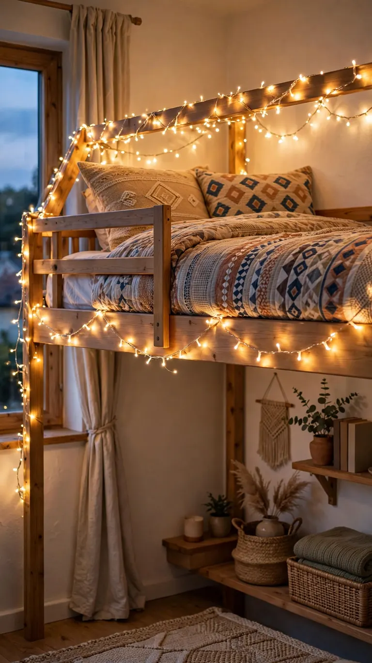 Top bunk draped with warm fairy string lights glowing above patterned bedding at dusk.