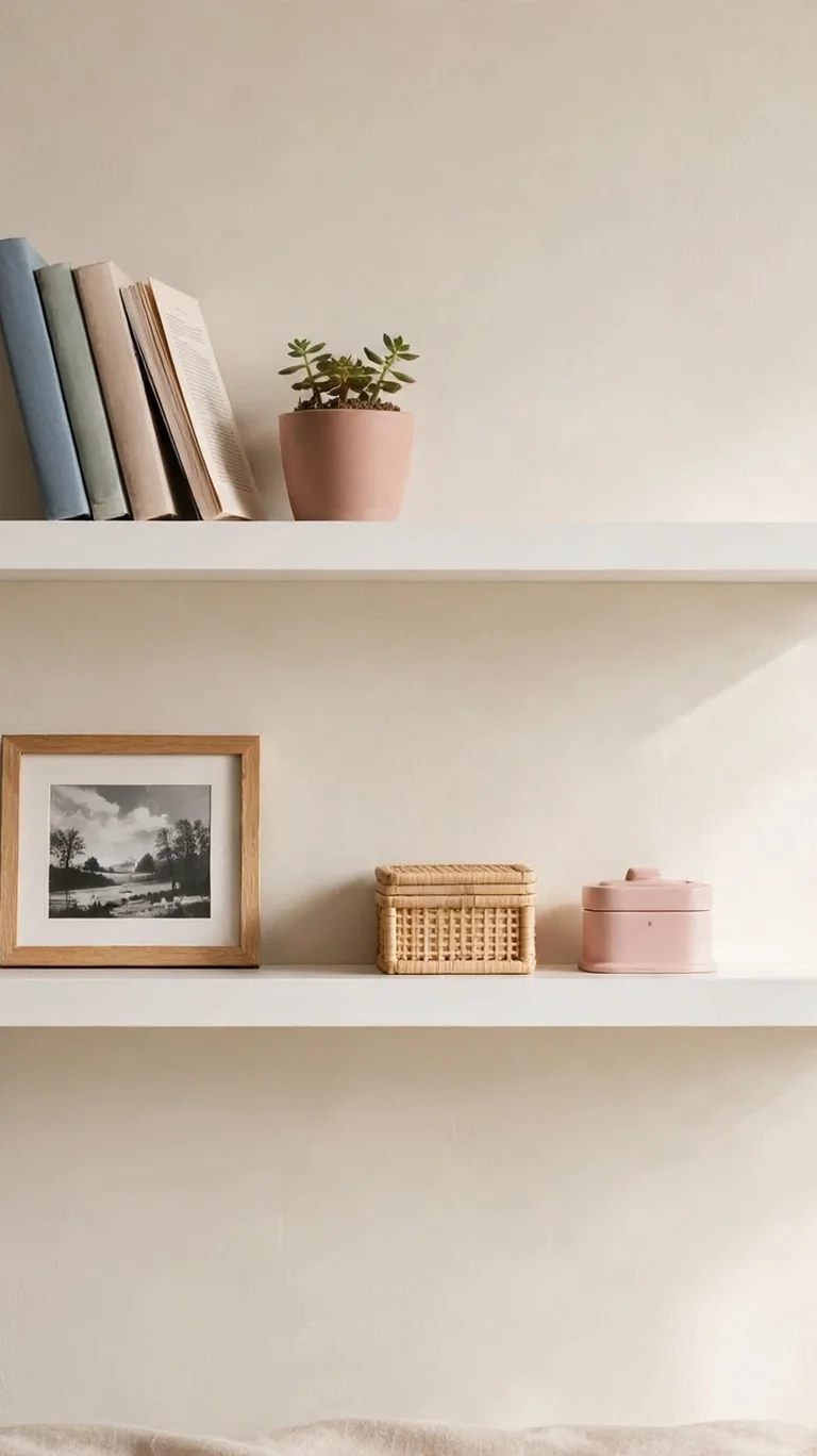 White floating shelves in a teen bedroom styled with books, a small plant, and decorative boxes.