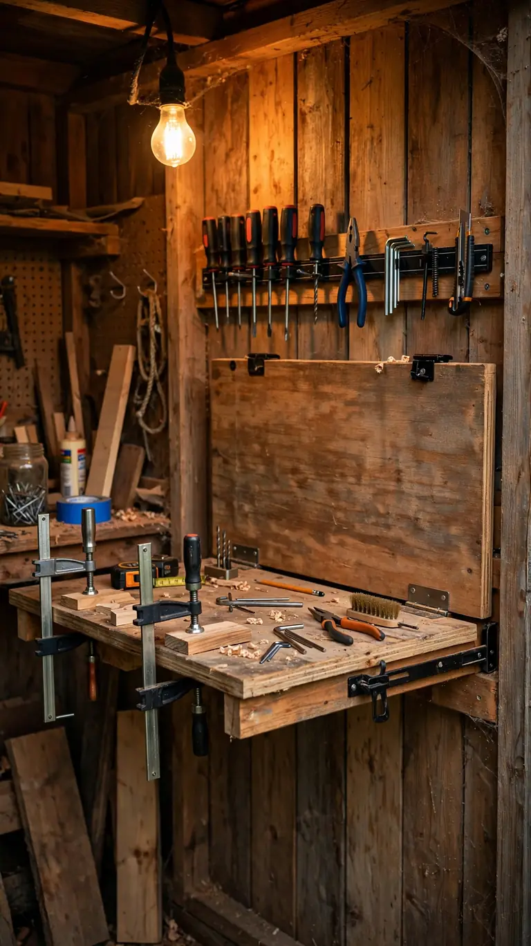 A wooden fold-down workbench mounted on a shed wall shown raised, with clamps, small tools, and a magnetic tool strip above.