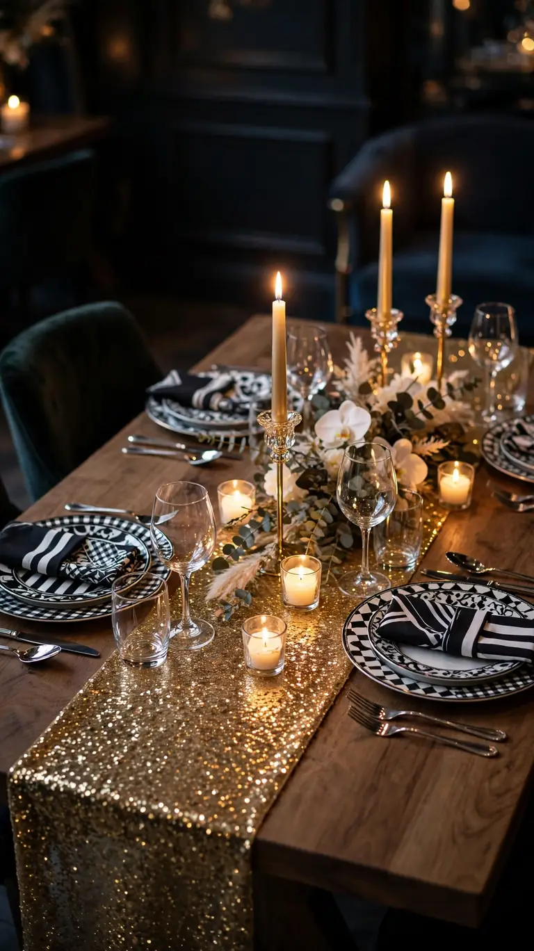 18 Stunning New Year's Eve Decor Ideas for a Sparkling Night 5 Lay a Glitter Table Runner