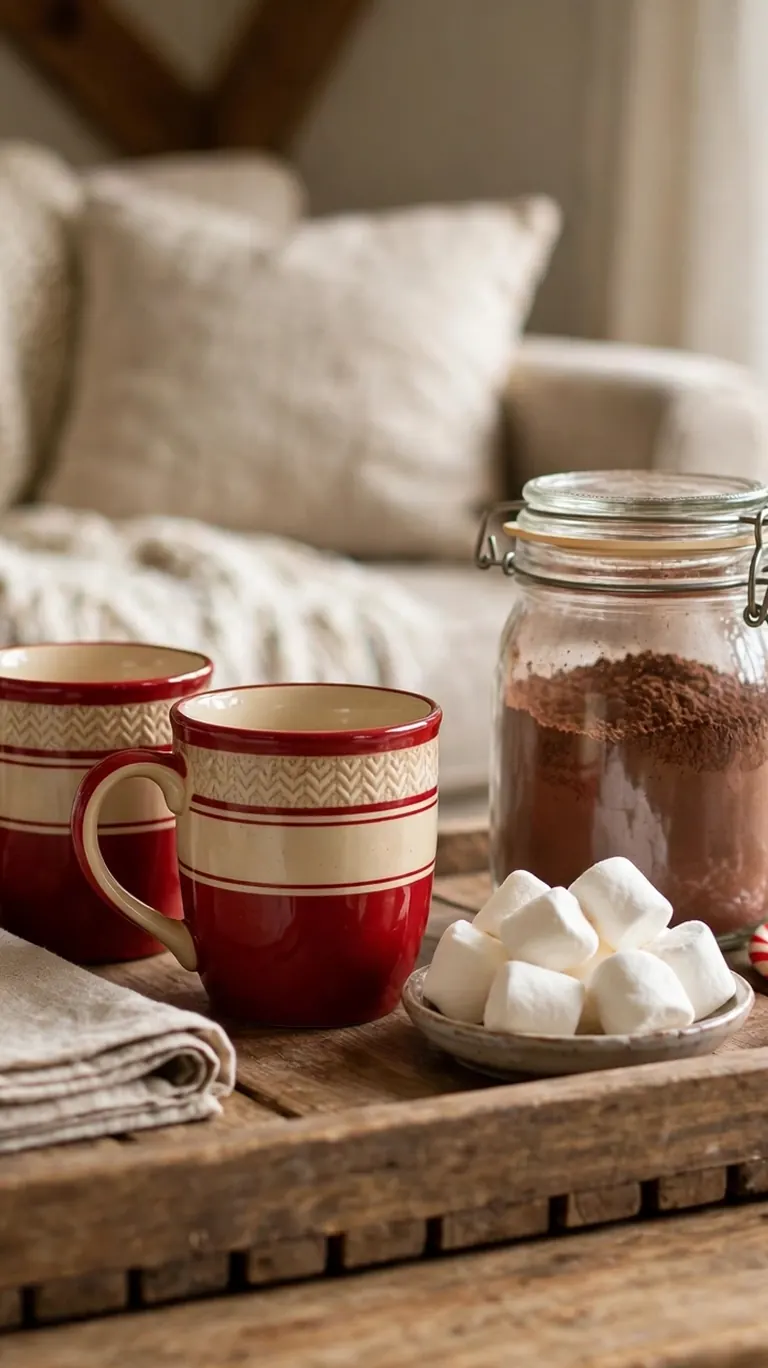 Wooden tray on a coffee table holding two holiday mugs, a jar of cocoa mix, marshmallows, and candy canes.