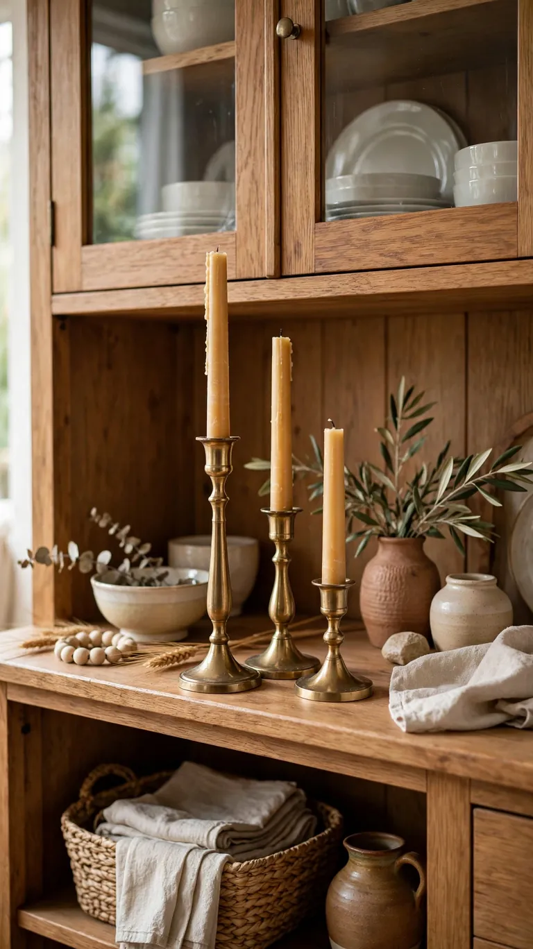 Hutch shelf styled with an odd-numbered grouping of three candlesticks in varying heights.