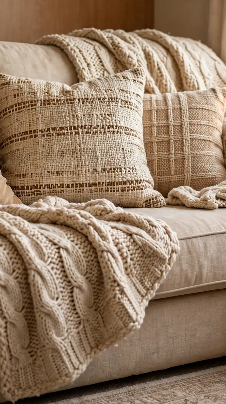 17 Trailer Decor Ideas to Make Your Mobile Home Feel Cozy and Stylish 5 A trailer sofa layered with a chunky knit throw, textured pillows, and a soft area rug.