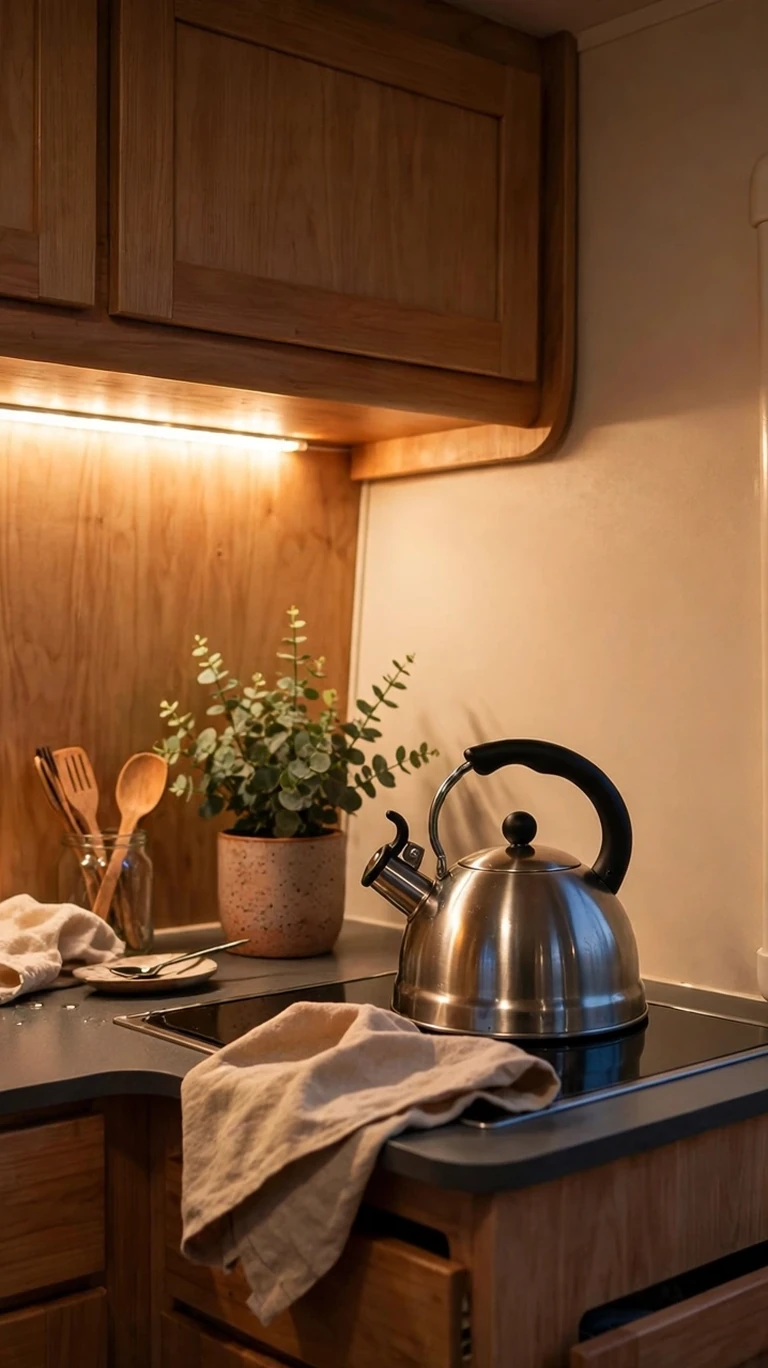 Warm LED strip lighting glowing under caravan kitchen cabinets in the evening.