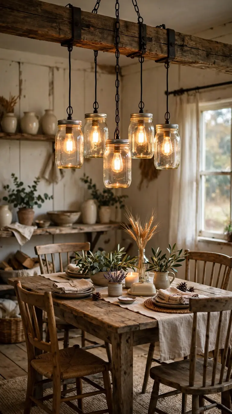 Mason jar chandelier with warm glowing bulbs hanging from a wooden beam above a farmhouse dining table.