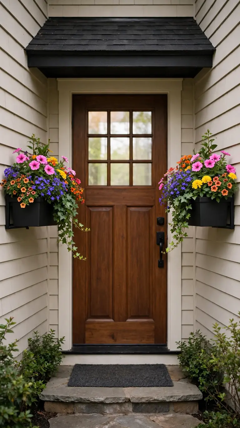 Two matching black wall-mounted planters with colorful flowers flanking a front door on a small porch.