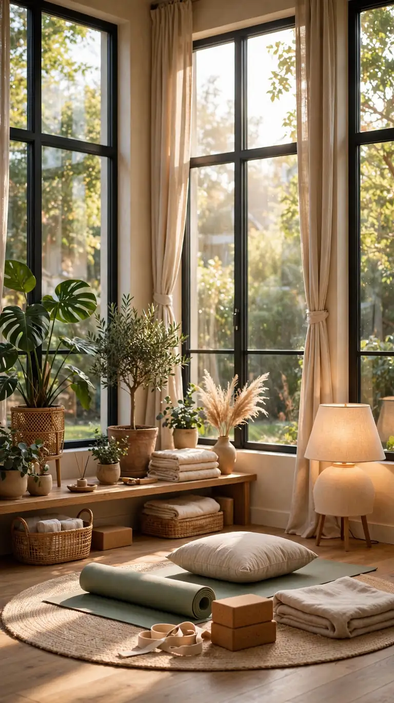 14 Inspiring Yoga Room Ideas for a Peaceful Home Retreat 5 Yoga room glowing with warm natural daylight from large windows plus a soft fabric-shade floor lamp in the corner.