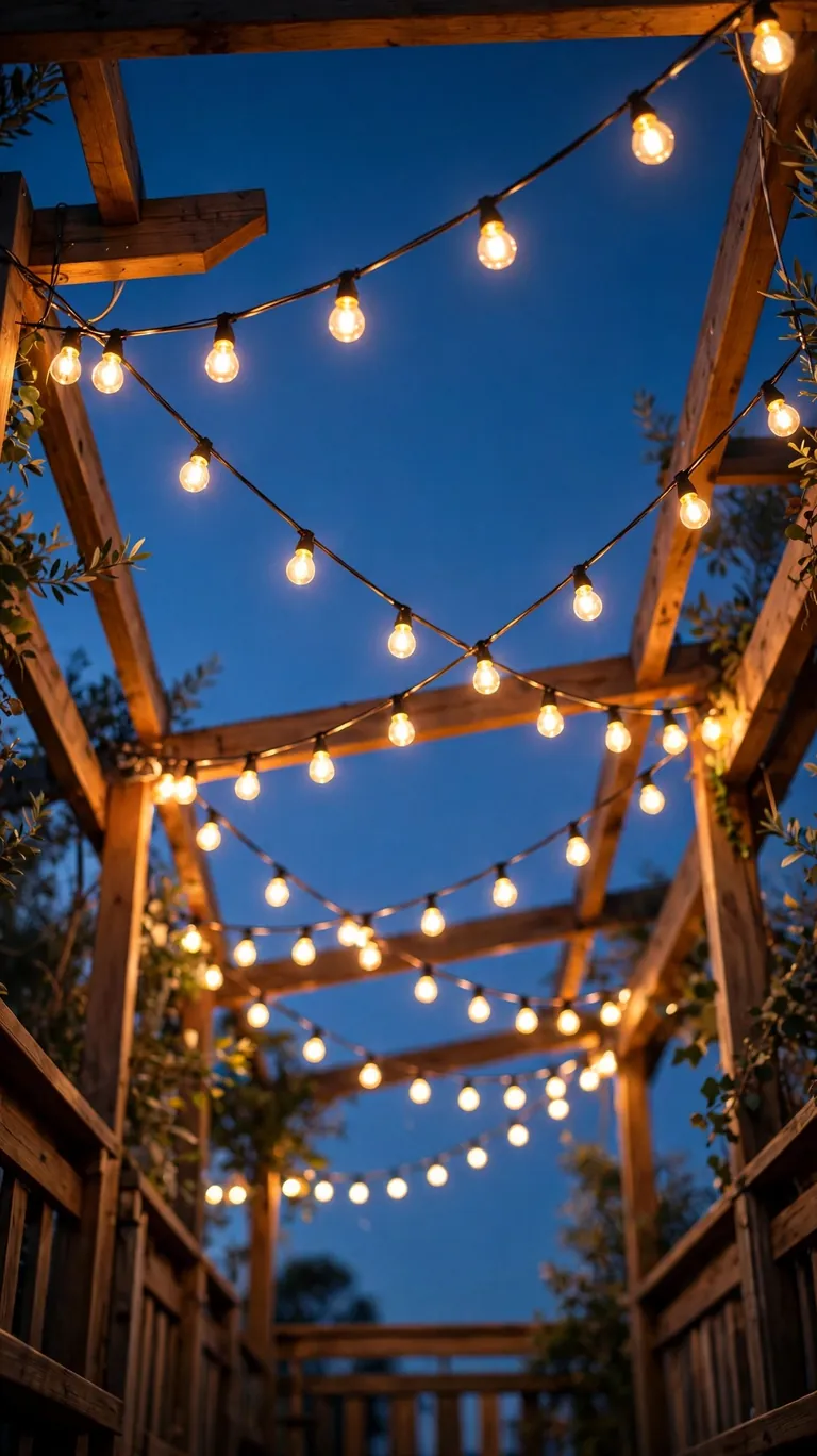 Warm cafe string lights swagged overhead across a cozy wooden deck at twilight.
