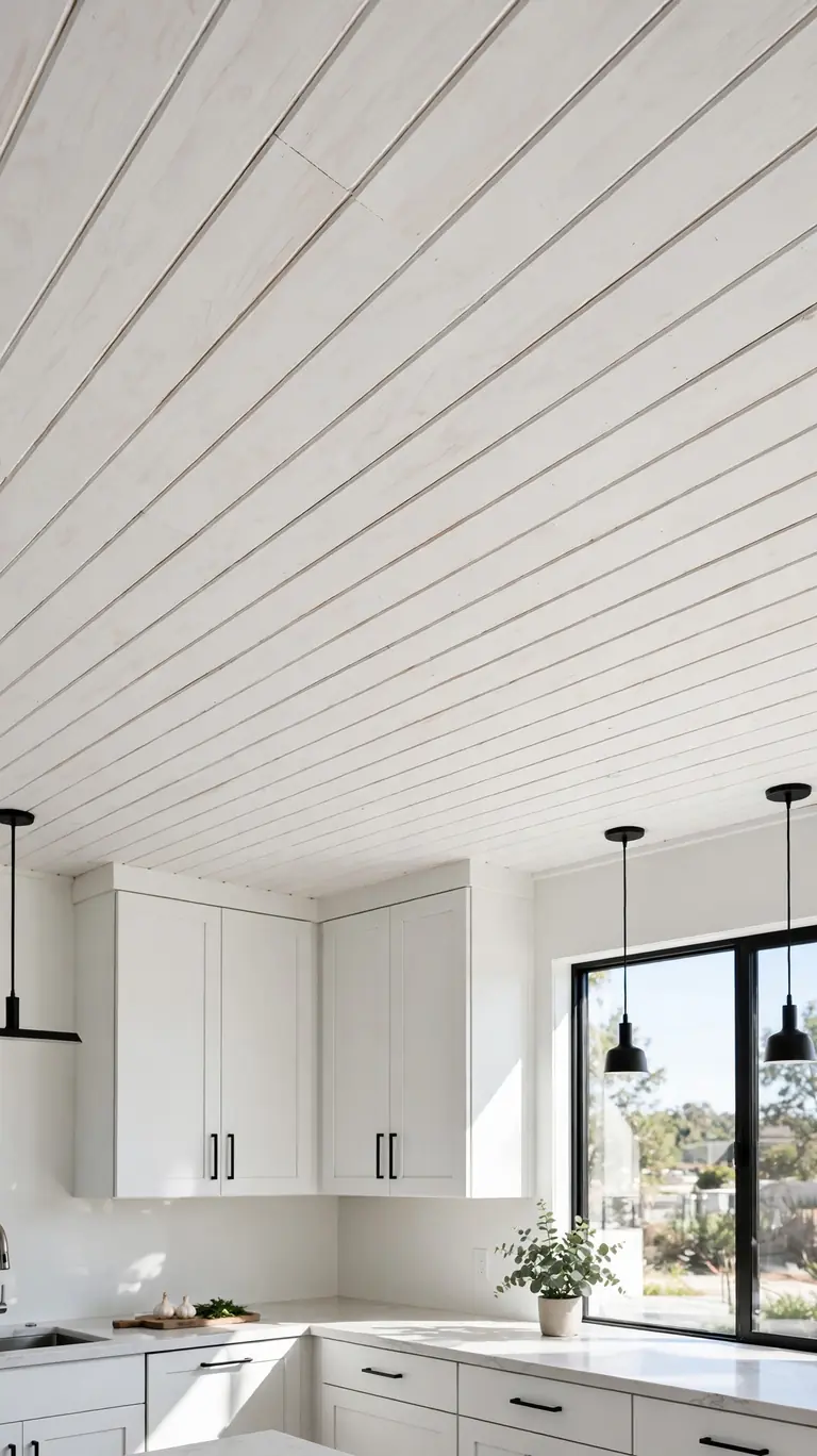 Crisp white painted plywood plank ceiling with subtle seam shadow lines in a bright kitchen.