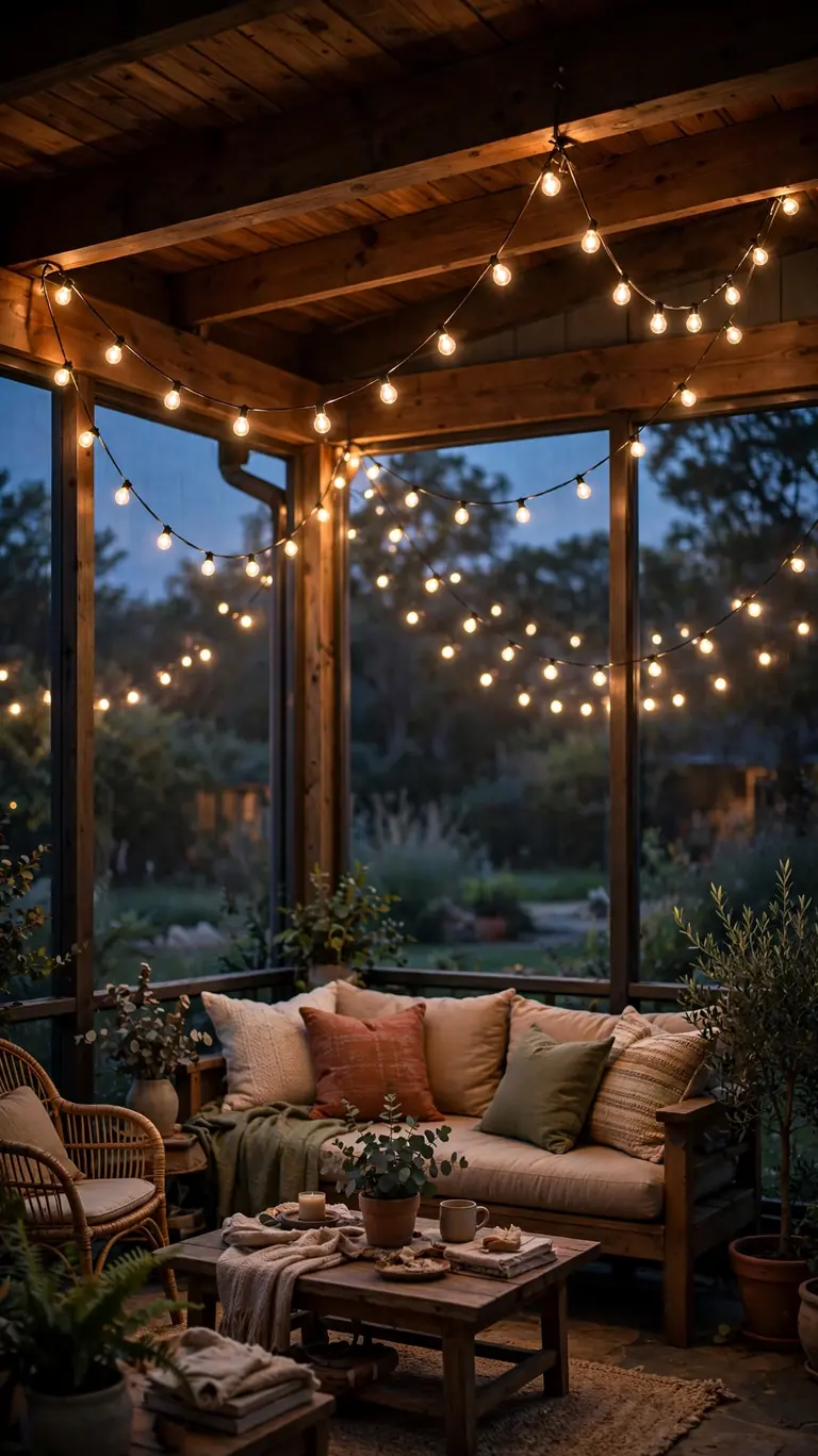 Warm string lights draped in swags across a screened porch ceiling at dusk, glowing softly above the seating area.
