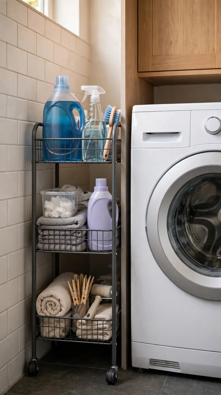 18 Small Laundry Room Ideas That Maximize Every Inch 5 Slide a Rolling Cart into the Gap
