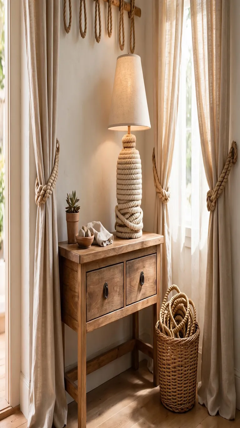 Entryway vignette with a rope-wrapped table lamp, thick rope curtain tiebacks, and a basket holding coiled rope.