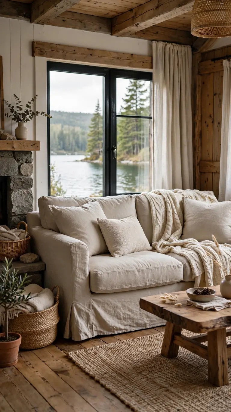 21 Small Lake Cottage Interior Design Ideas That Feel Cozy and Inviting 5 Comfortable slipcovered sofa in natural linen in a lake cottage living room with washable cushions and a knit throw.