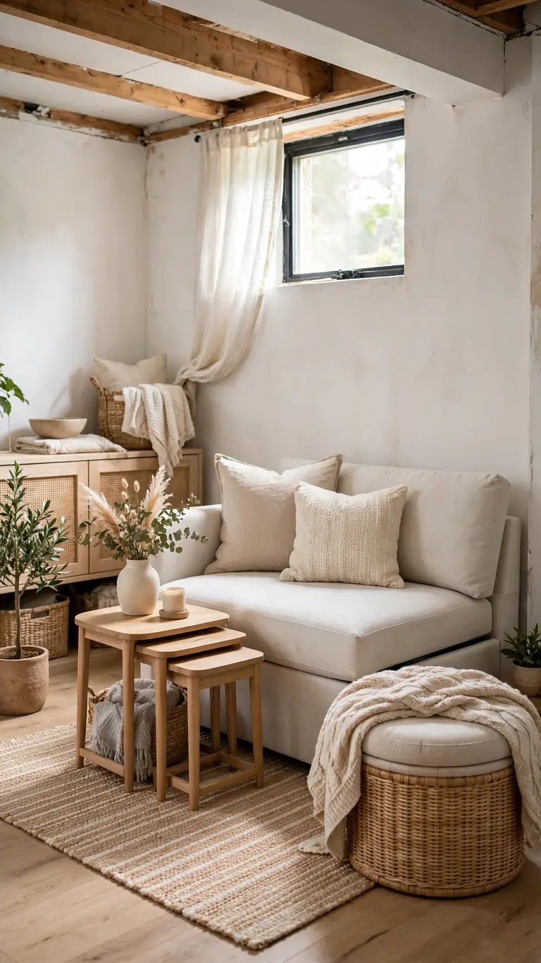 19 Small Basement Ideas to Make the Most of Any Space 5 Sleeper sofa and storage ottoman in a small basement, furniture that does double duty.