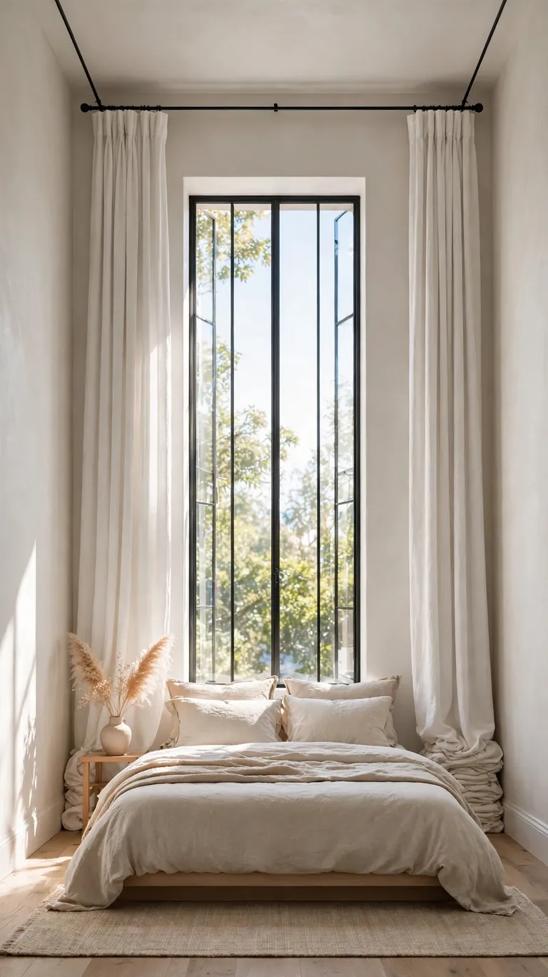 Small bedroom window with curtains hung near the ceiling and extended wide past the frame.