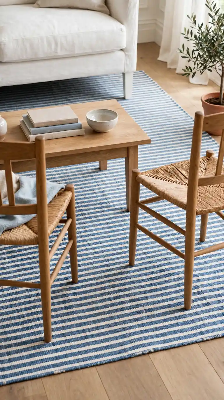 Blue and white striped area rug anchoring a living room seating area with a white sofa.