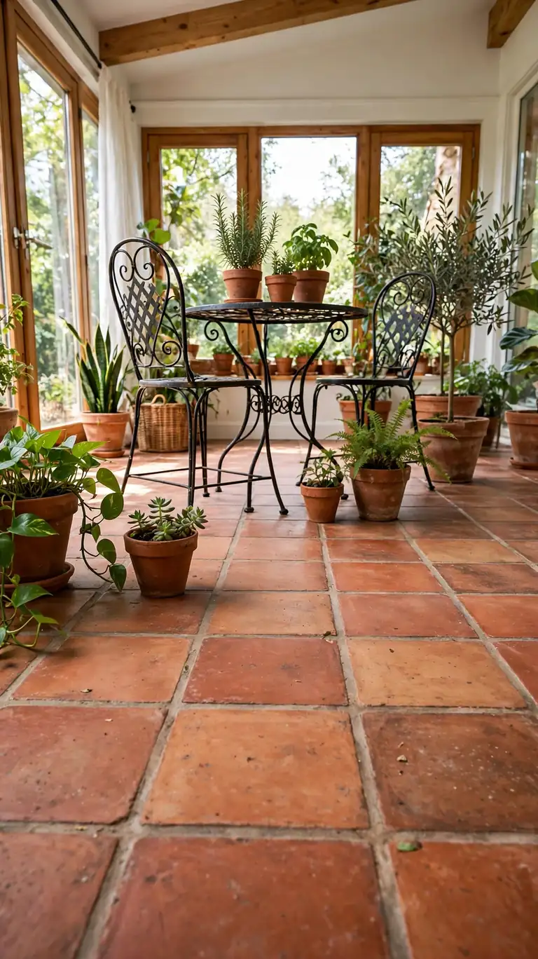 Sunroom with warm terracotta tile flooring, clay pots with green plants, and a wrought iron bistro set.