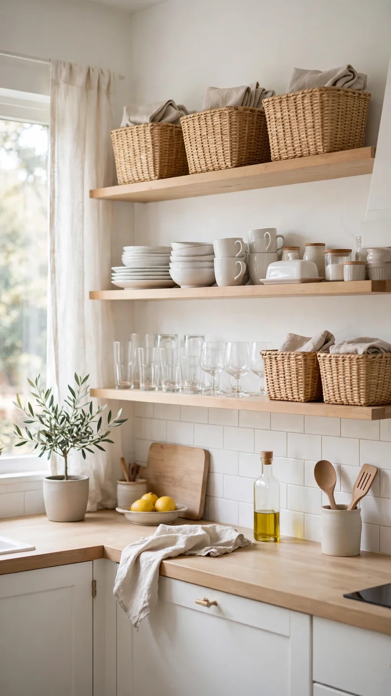 Open kitchen shelving with everyday dishes and matching baskets in view.