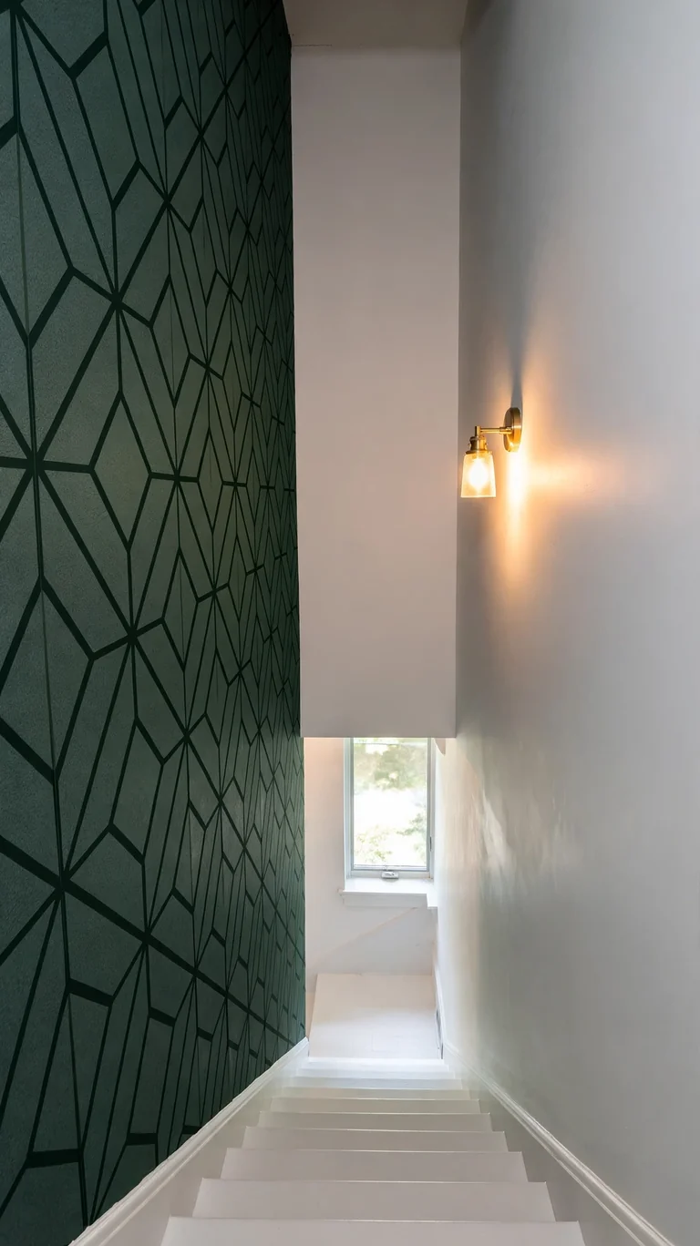 Stairwell accent wall with geometric peel-and-stick wallpaper beside basement stairs.