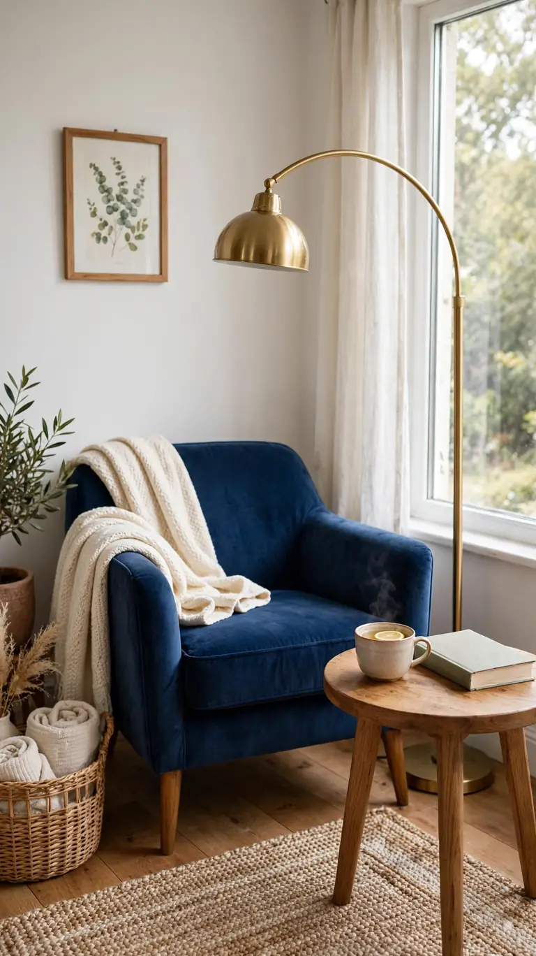 Navy blue armchair styled as a reading corner with a side table and floor lamp.
