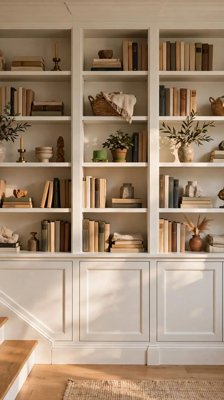 Tall white built-in-style bookcases styled with books, plants, and decor objects beside a stair landing with warm sunlight.