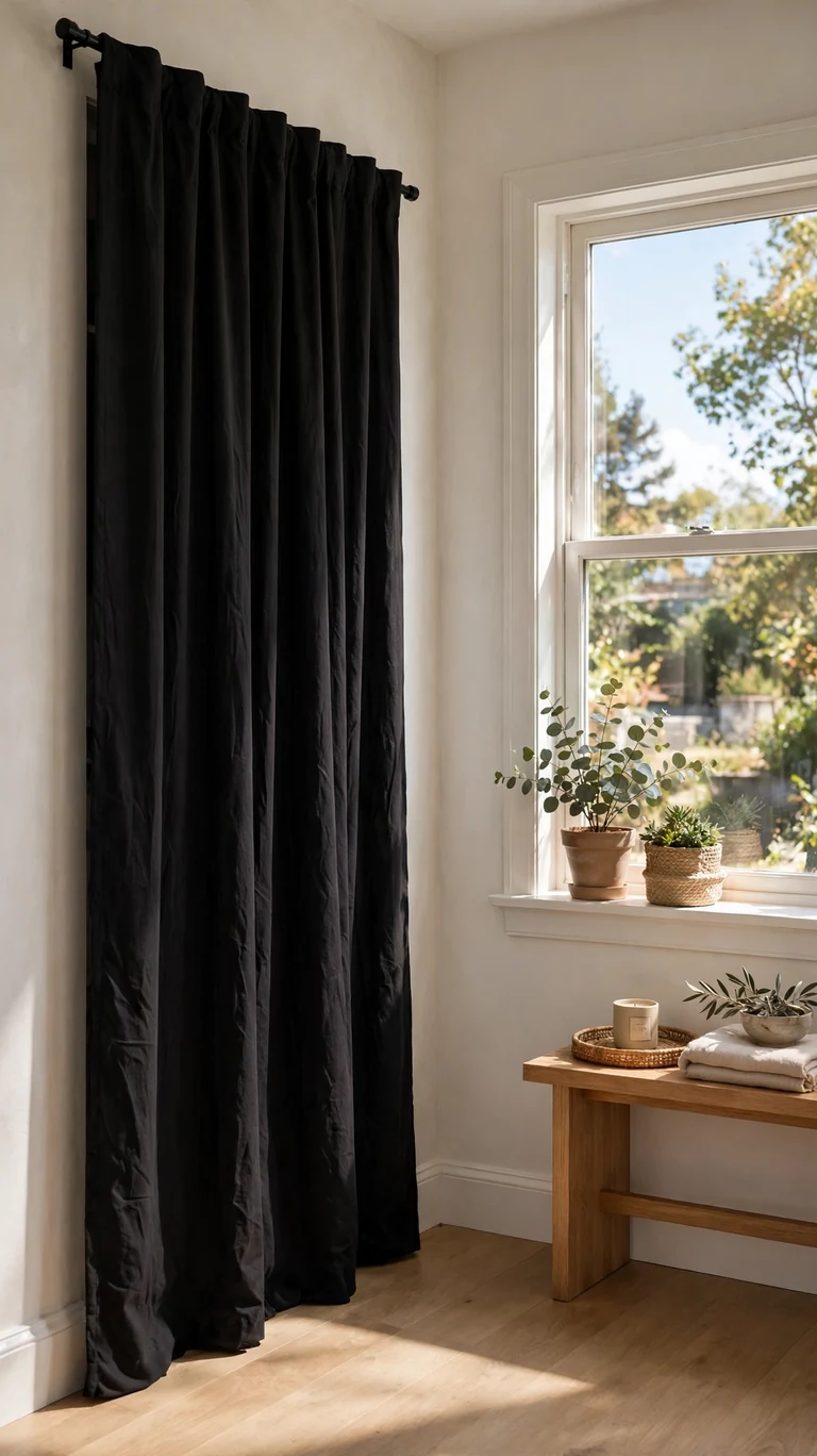 22 Creative Closet Curtain Ideas for a Stylish, Space-Saving Upgrade 6 Dark blackout curtain panel covering a closet opening across from a sunny bedroom window.
