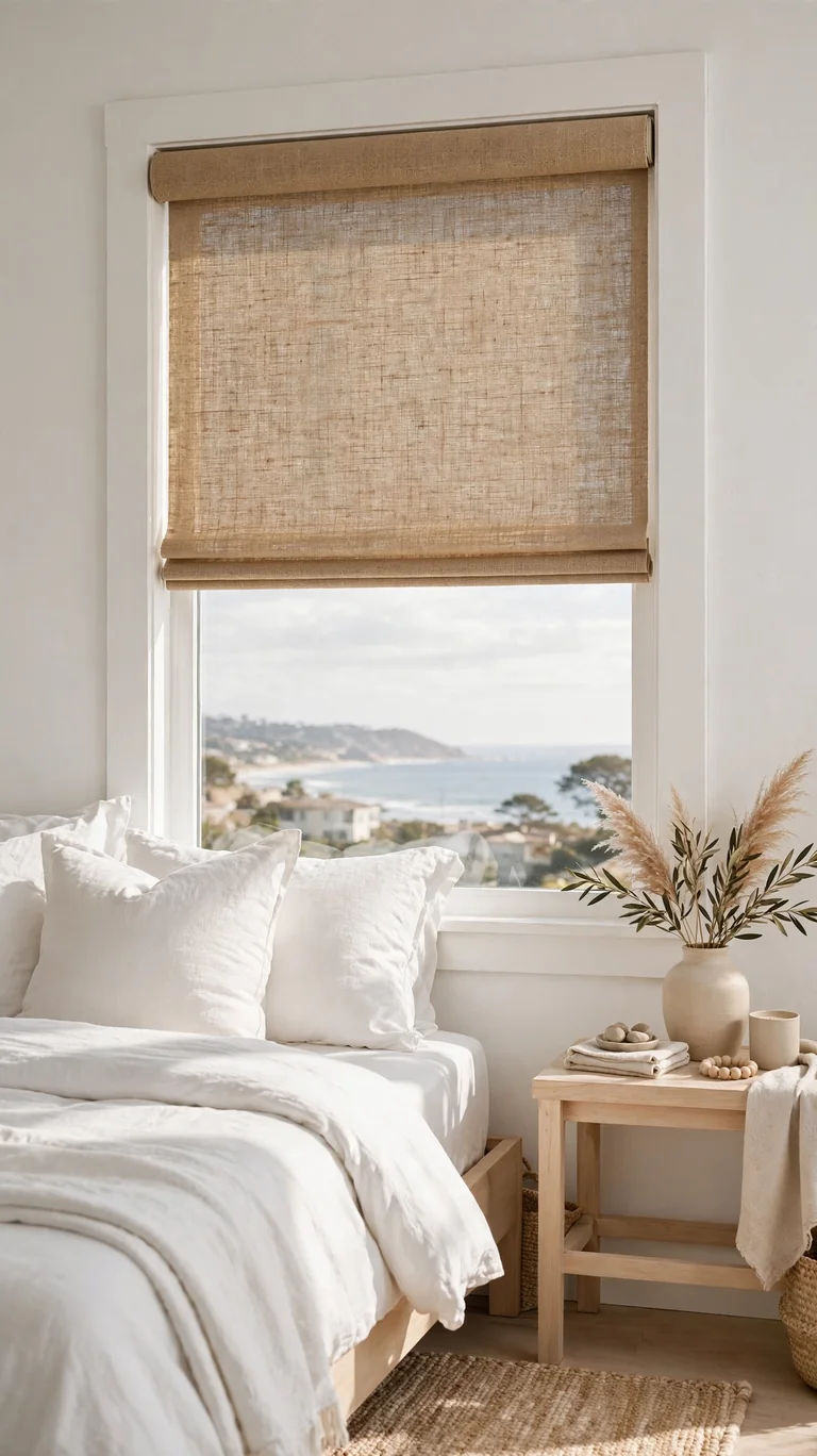 Simple natural jute roller shades mounted inside a modern coastal bedroom window frame.
