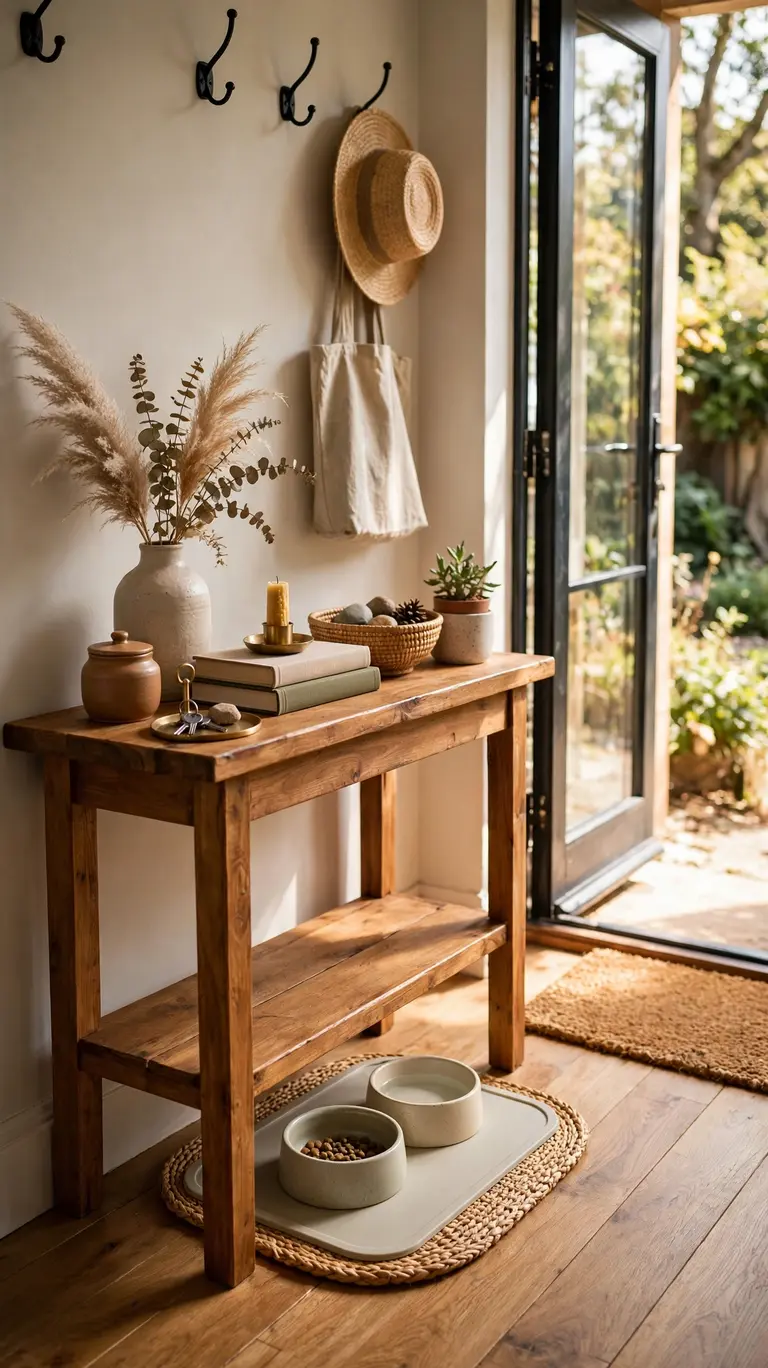16 Clever Cat Food Station Ideas to Keep Your Home Organized 6 A wooden console table in an entryway with a feeding tray and two cat bowls tucked underneath.