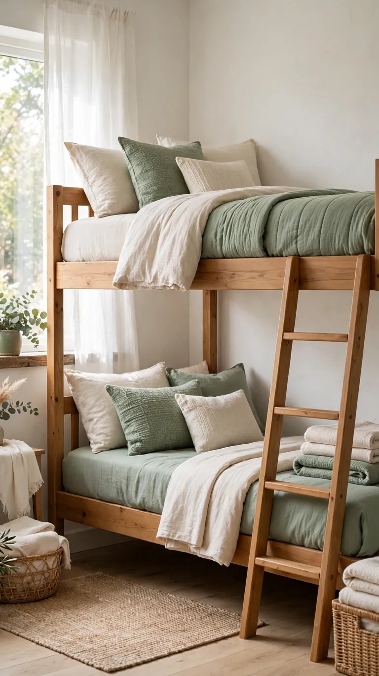 Bunk beds styled with new sage green and cream bedding, throw pillows, and folded blankets.