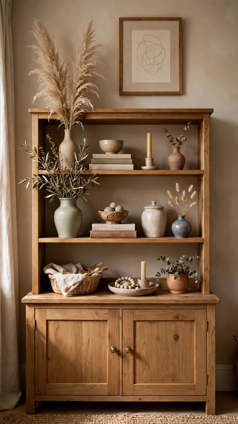 Hutch shelf with decor items of mixed heights creating an up and down visual rhythm.