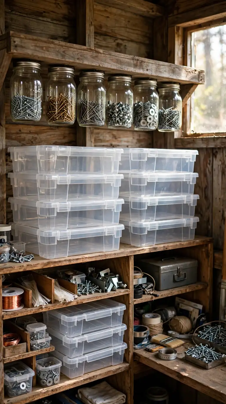 Shed shelves with clear glass jars of screws and nails under a shelf and stackable clear labeled bins for tidy hardware organization.
