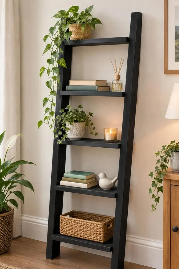 25 Creative DIY Shelf Ideas to Add Style and Storage to Your Home 6 Lean a Ladder Shelf Against the Wall
