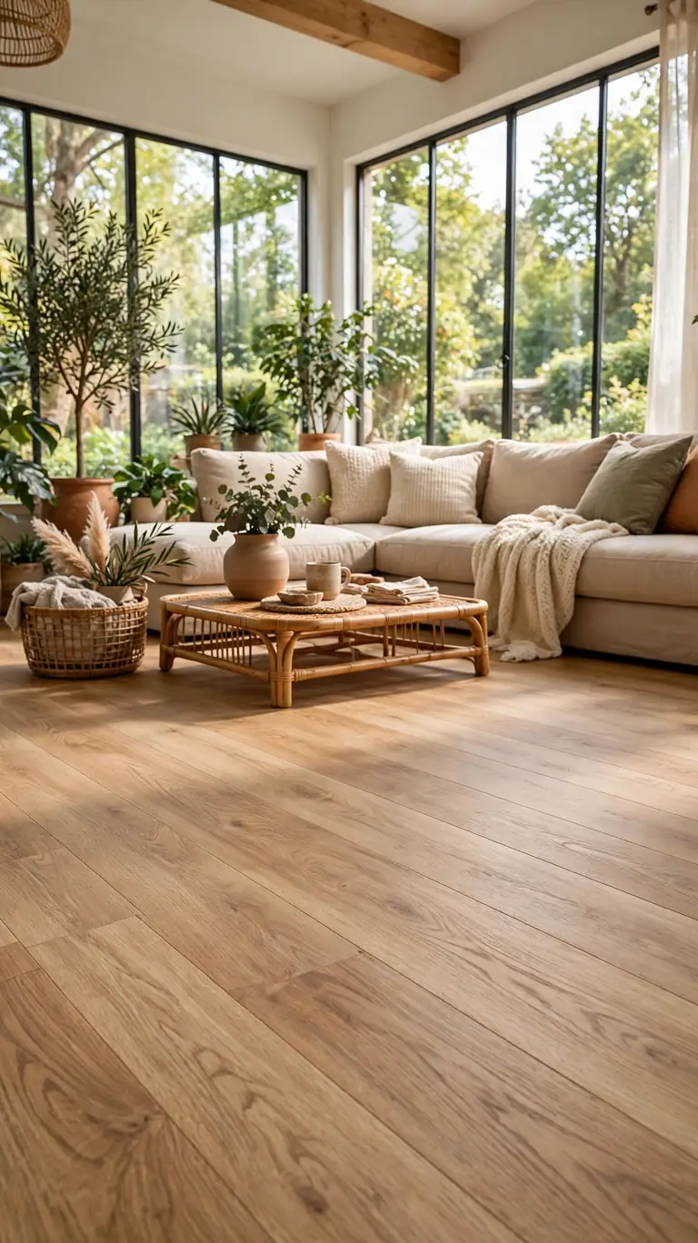 Sunroom with luxury vinyl plank flooring in a natural oak look, cozy sectional sofa, and floor-to-ceiling windows.