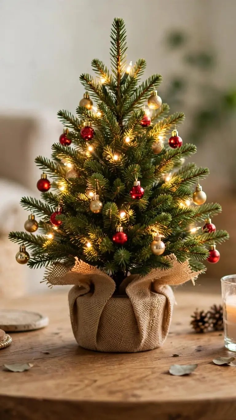 Small decorated tabletop Christmas tree with warm white lights and ornaments on a round coffee table.