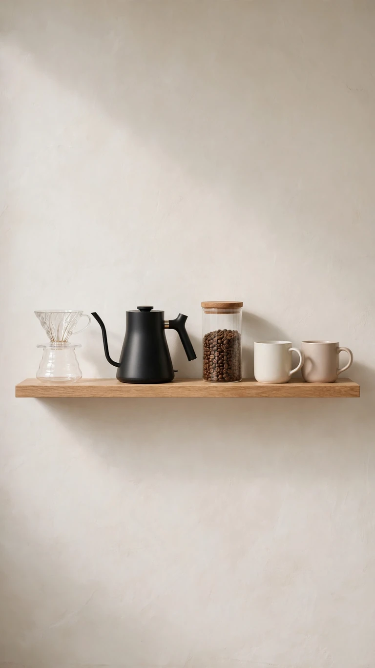 22 Cozy Coffee Bar Ideas for the Cutest Corner at Home 6 The Minimalist Single-Shelf Setup