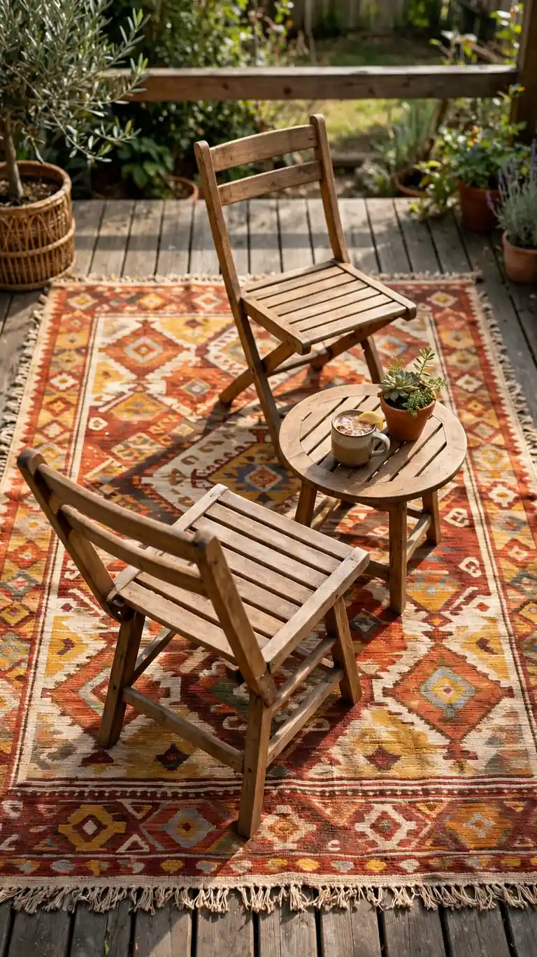 Patterned outdoor rug layered under a seating set on a wooden backyard deck.