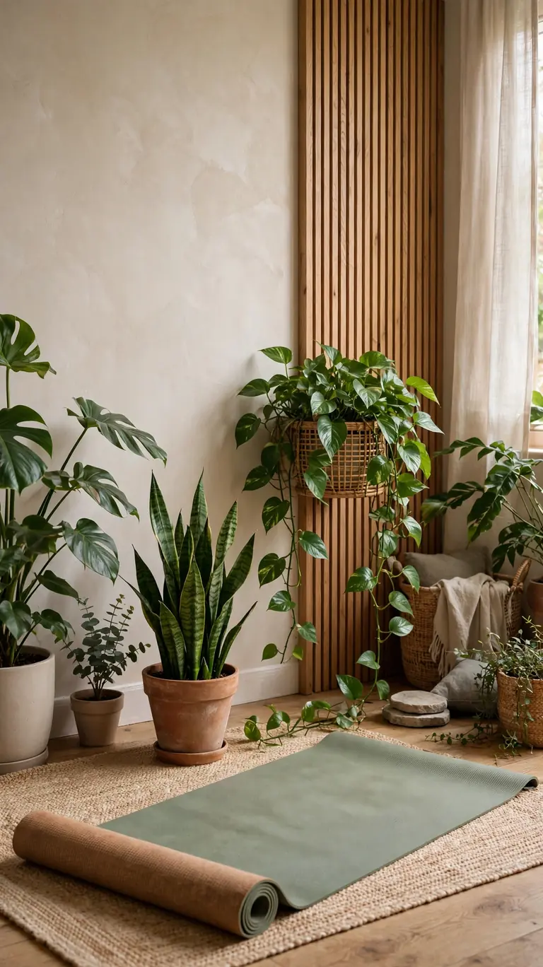 14 Inspiring Yoga Room Ideas for a Peaceful Home Retreat 6 Yoga room corner filled with leafy potted plants, a snake plant and a trailing pothos beside a yoga mat.