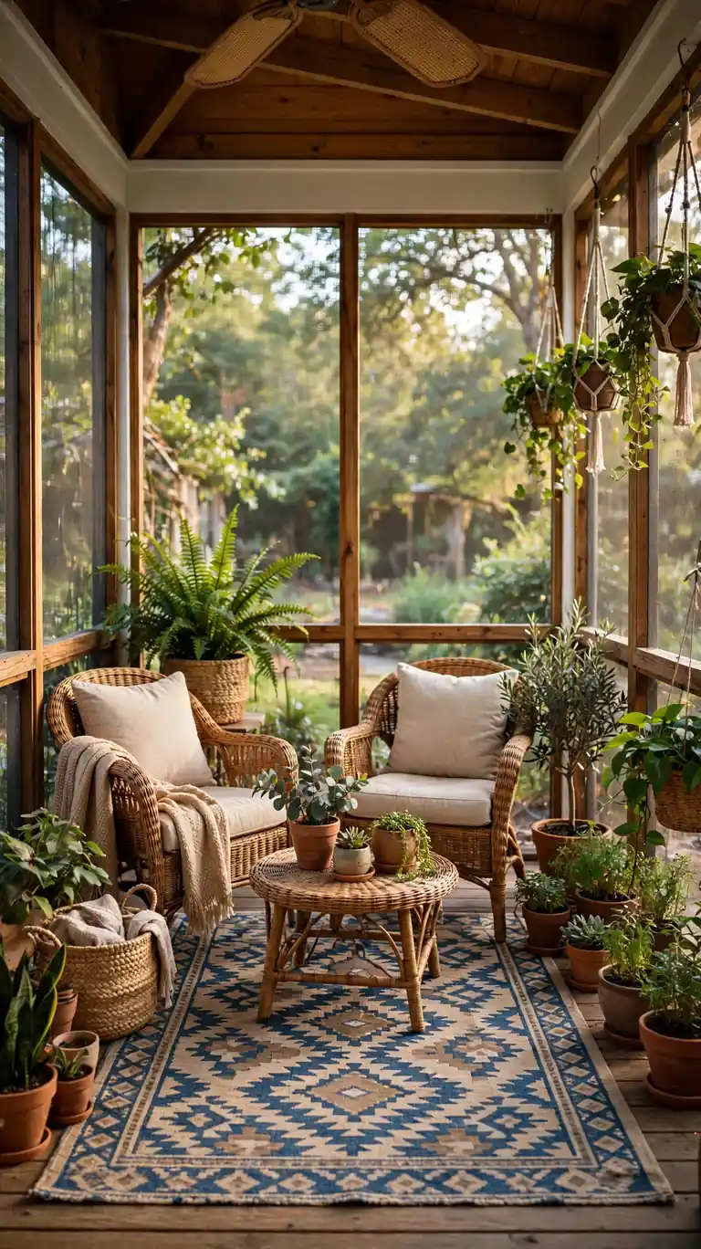 Patterned blue and beige outdoor rug under a wicker seating set on a screened back porch with plants nearby.